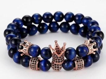 8mm 2PCS/Set jtrh elastic adjusted nature blue Tigereye bead micro pave cz zircon cubic zirconia Crown Bracelet